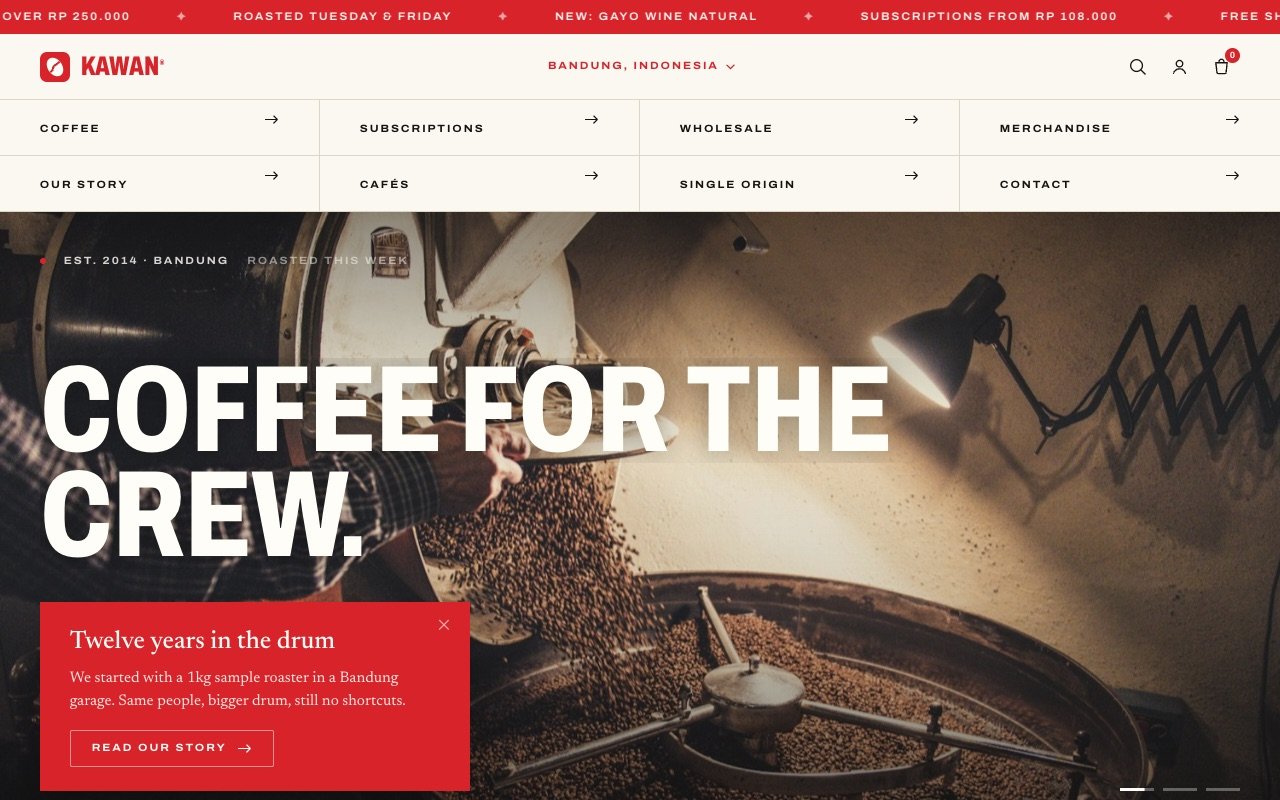 KAWAN, a coffee roaster storefront built on a hairline catalogue grid