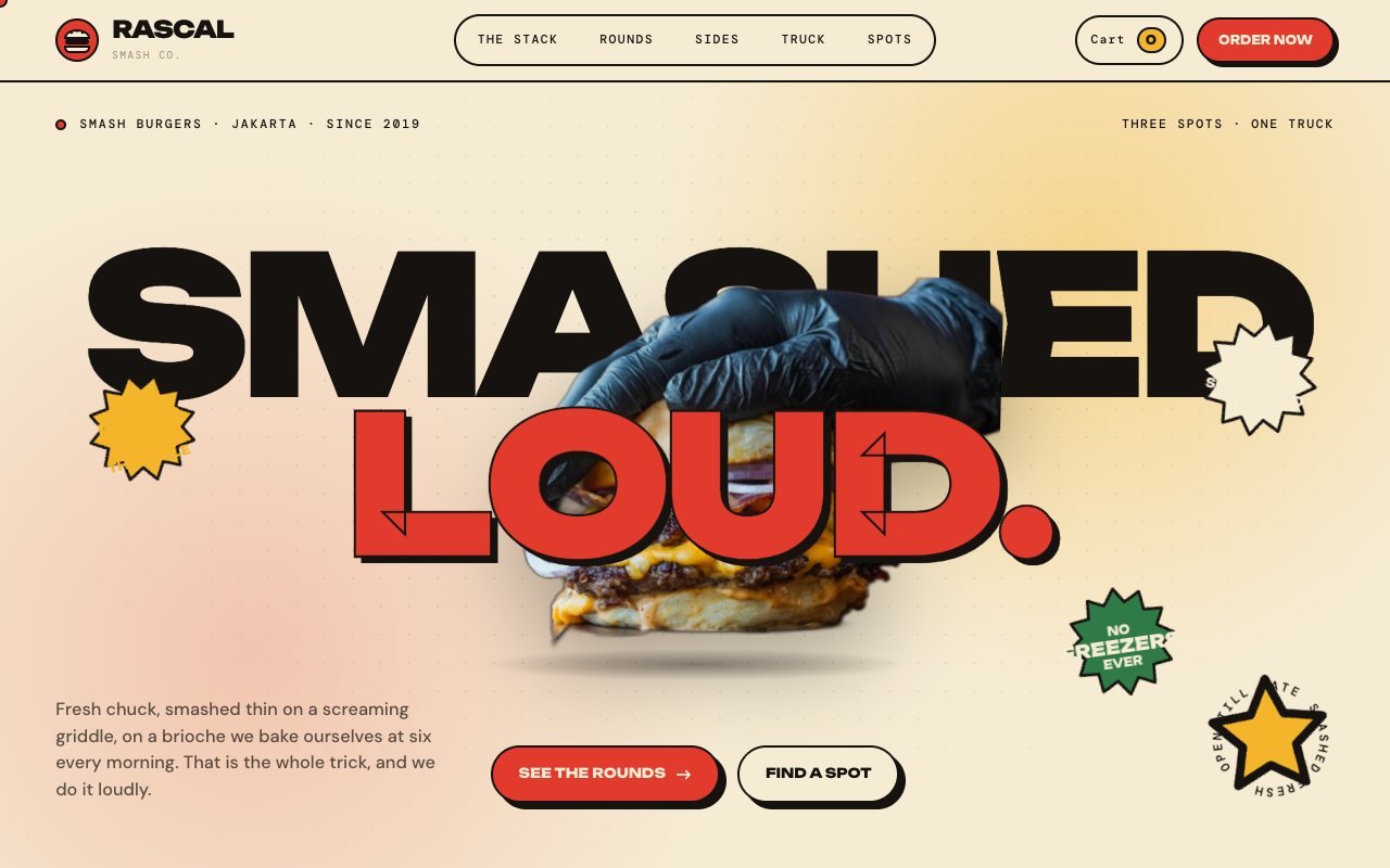 RASCAL, a smash-burger brand whose hero burger drops in between the headline lines